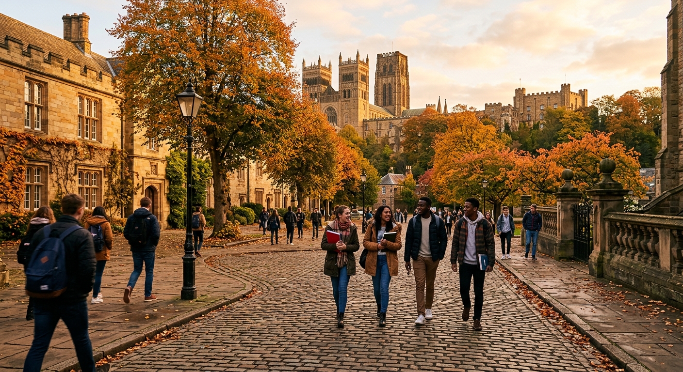 Durham University historic campus with Durham Cathedral and castle in the background, cobblestone pathways, students walking through a tree-lined courtyard, autumn foliage, warm natural light