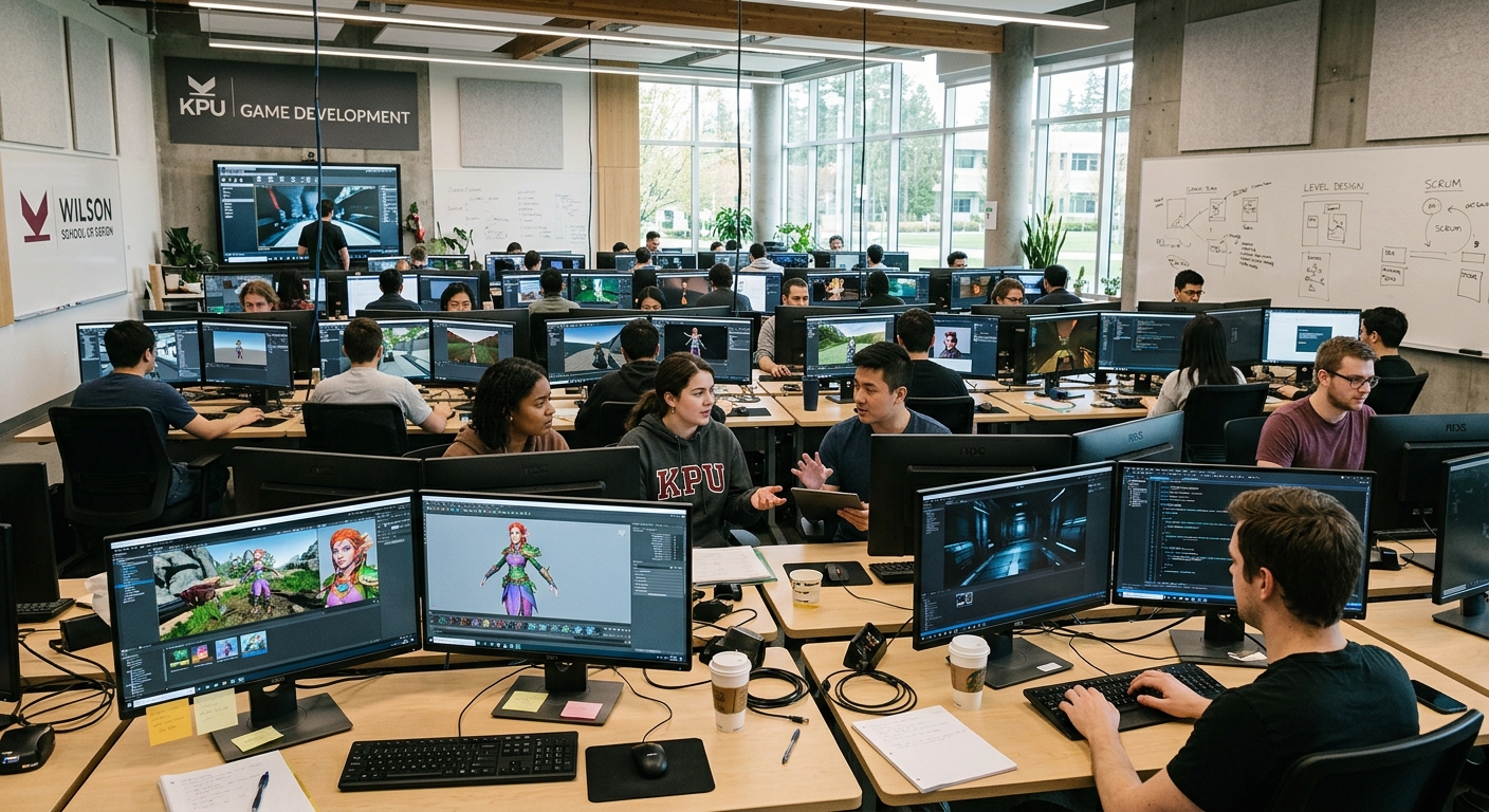 Modern computer lab at Kwantlen Polytechnic University with students working on game development projects, multiple monitors displaying 3D game environments and character models, collaborative studio atmosphere with natural lighting