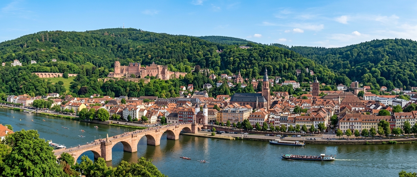 Heidelberg University Old Town campus panoramic view with historic sandstone buildings, the Neckar River flowing in the foreground, Heidelberg Castle ruins on the hillside, and green forested hills under a clear blue sky