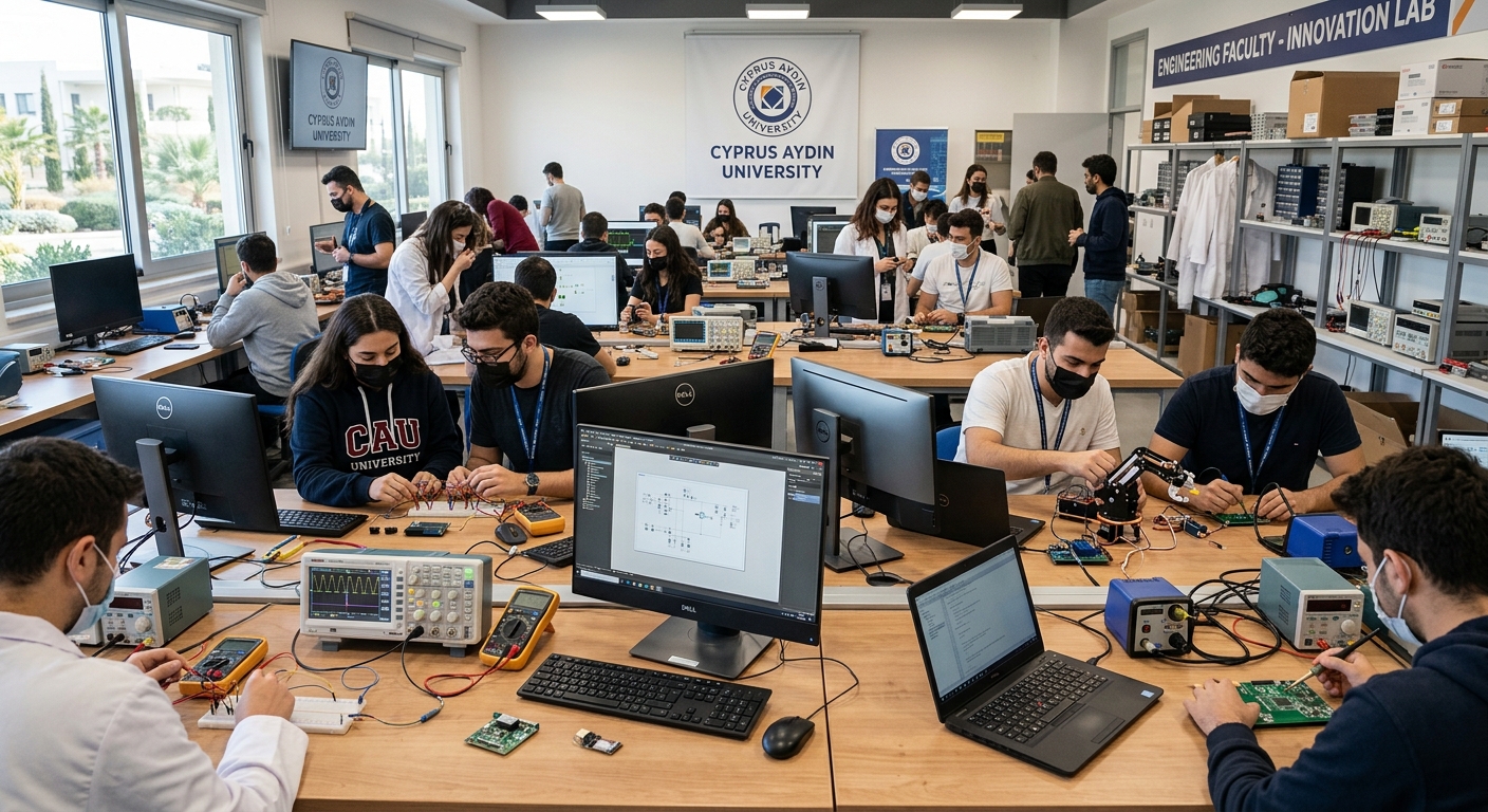 Modern engineering laboratory at Cyprus Aydin University with computers, electronic equipment, and students working on projects
