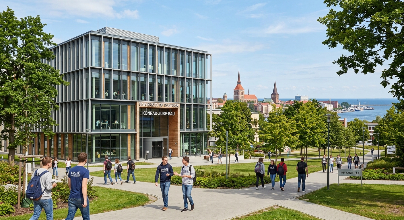 University of Rostock Konrad Zuse Building, modern computer science faculty building with glass facade, students walking on campus paths, green trees and Baltic coastal city skyline in the background