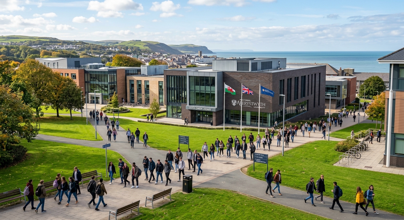 Aberystwyth University Penglais campus modern academic buildings, Hugh Owen Library and lecture halls, green lawns and pathways, students walking between buildings