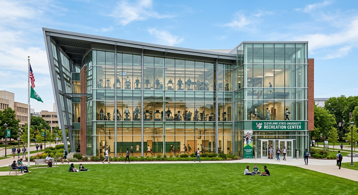 Cleveland State University Recreation Center, modern glass and steel building with students exercising inside, green lawn in foreground