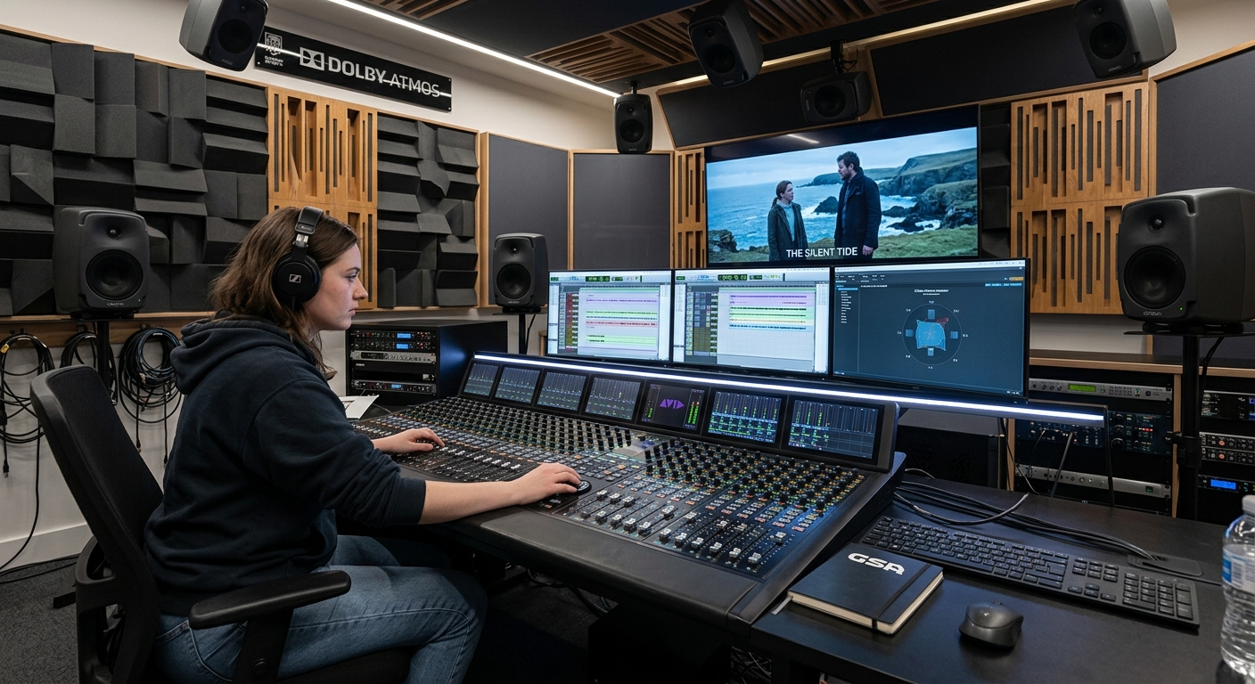 Professional sound studio at Glasgow School of Art with mixing console, multiple monitors displaying film footage, acoustic panels on walls, and a student working with surround sound equipment in a Dolby Atmos dubbing suite