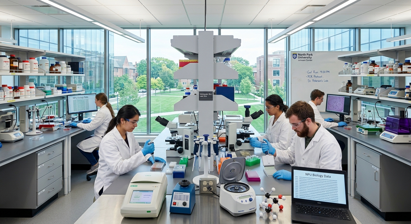 Modern science laboratory at North Park University Chicago with students conducting molecular biology experiments, microscopes and biotechnology equipment on lab benches, bright fluorescent lighting, glass-walled Johnson Center for Science building
