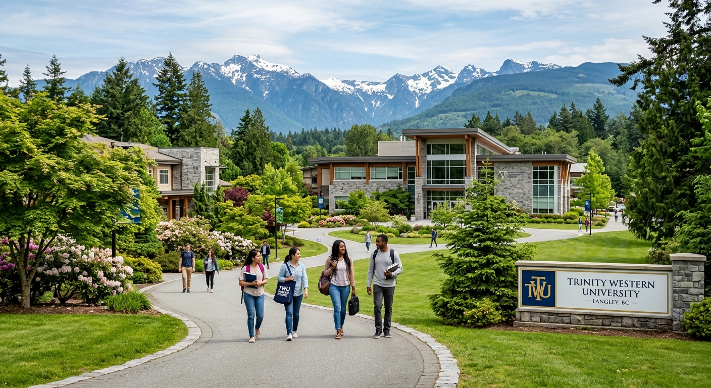 Trinity Western University campus in Langley, British Columbia, with modern academic buildings surrounded by lush green trees and mountain views, graduate students walking along pathways in a serene suburban setting