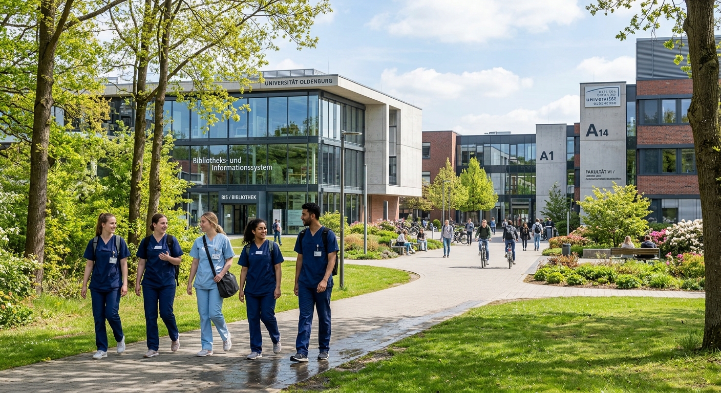 Modern university campus of Carl von Ossietzky University of Oldenburg in Lower Saxony, Germany, with contemporary academic buildings surrounded by green spaces, nursing students walking along pathways