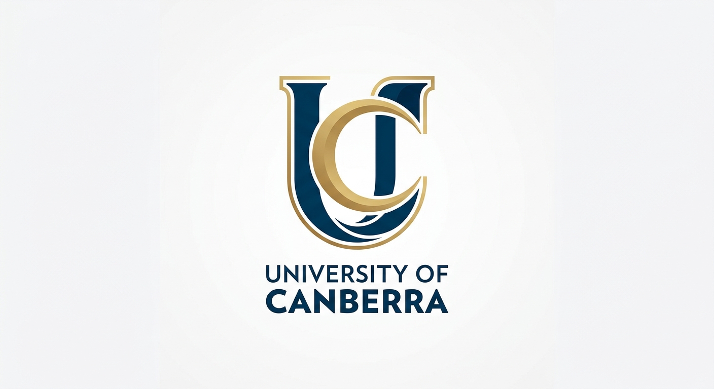 University of Canberra official logo, stylized UC monogram in dark blue and gold on white background