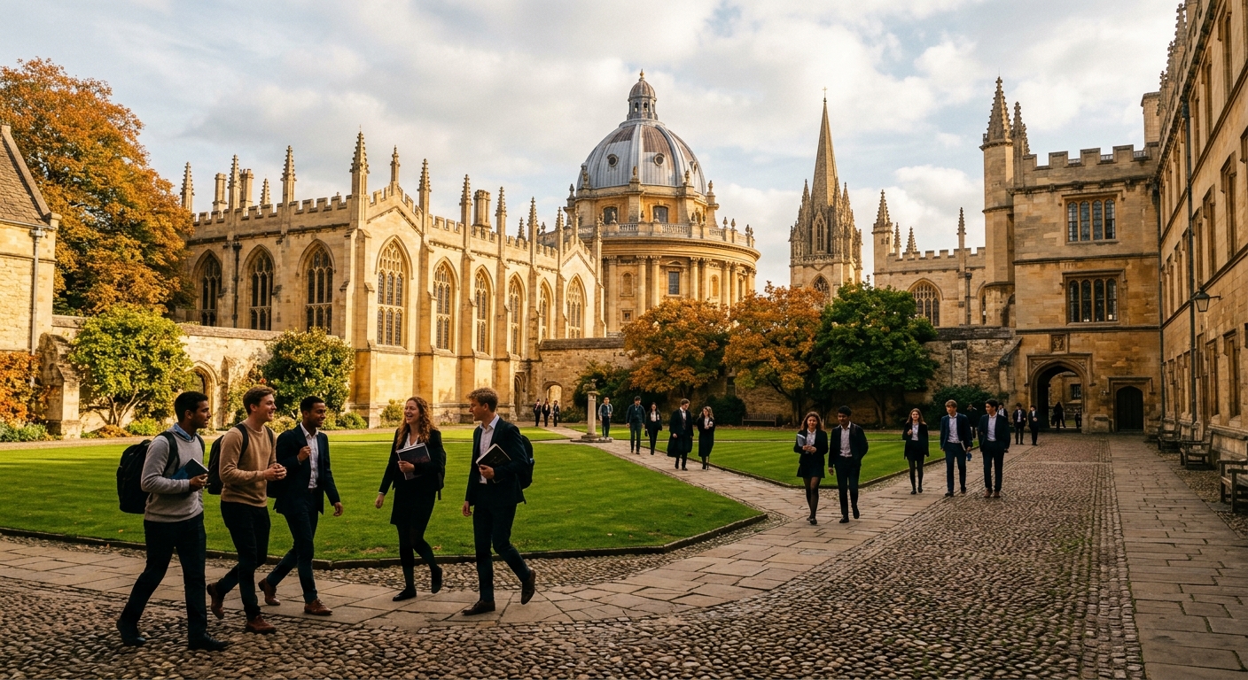 Historic University of Oxford campus with golden limestone buildings, Radcliffe Camera dome in background, students walking through cobblestone courtyard, lush green quad, warm afternoon sunlight