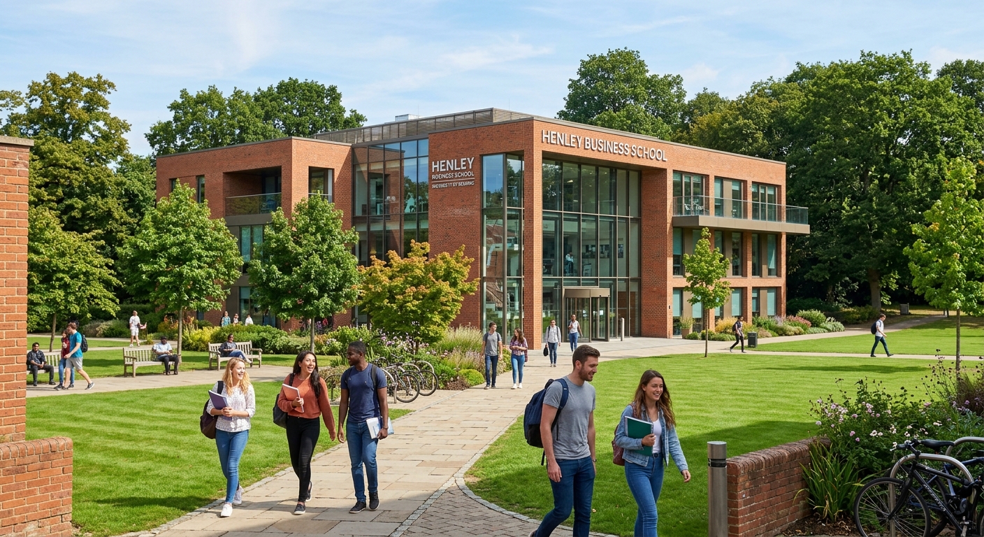 Henley Business School campus at the University of Reading, modern brick building with glass facade surrounded by green lawns and mature trees, students walking along pathways on a bright day in the United Kingdom