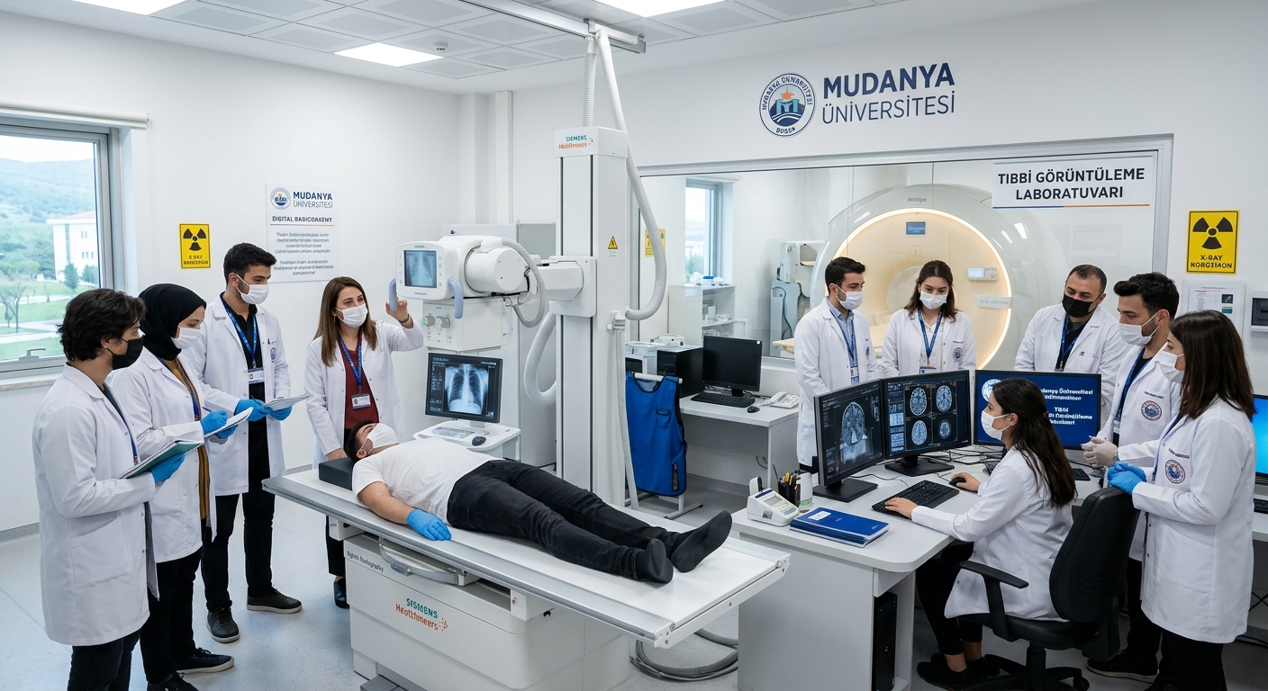 Modern medical imaging laboratory with X-ray and MRI equipment, students in white lab coats practicing on diagnostic imaging machines, bright clinical environment at Mudanya University campus in Bursa, Turkey
