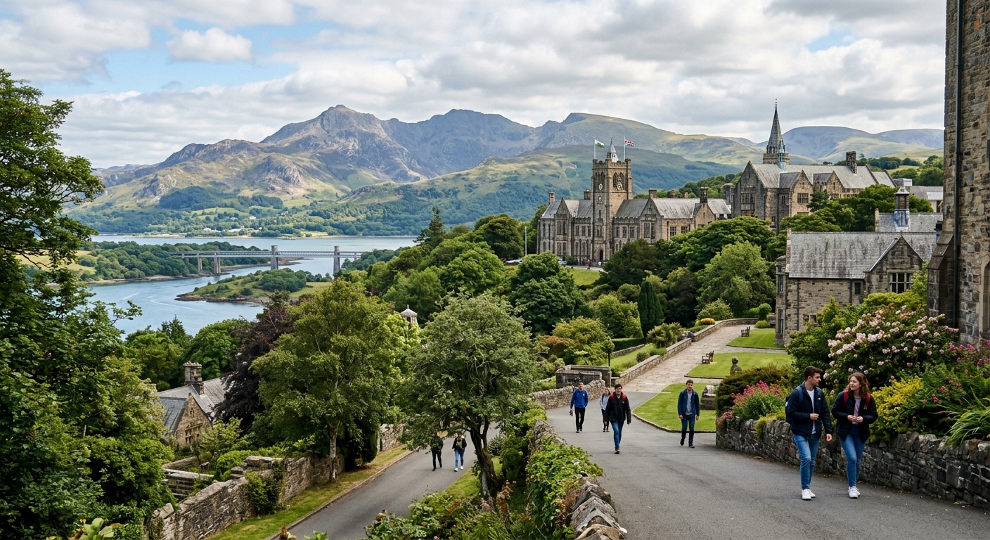 Bangor University campus nestled between Snowdonia mountains and Menai Strait in North Wales, lush green landscape with historic stone university buildings, students walking along tree-lined paths with dramatic mountain backdrop