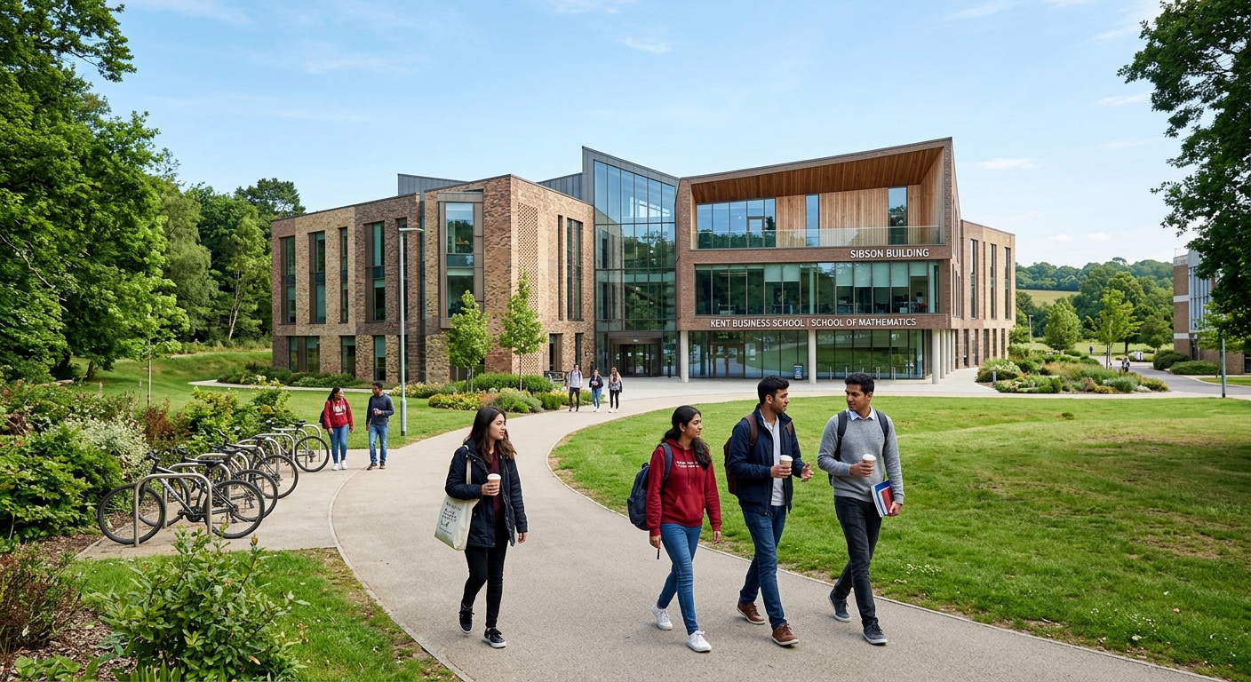 Modern Sibson Building at the University of Kent Canterbury campus, contemporary glass and brick architecture surrounded by green parkland, postgraduate students walking along pathways under clear skies