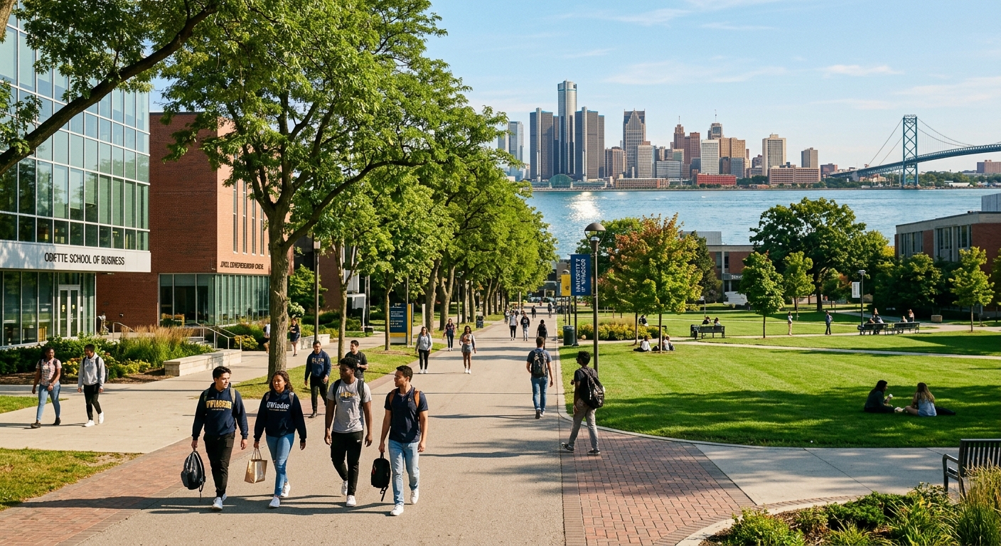 University of Windsor campus with modern academic buildings, green lawns, and the Detroit River skyline visible in the background, students walking along tree-lined pathways on a sunny day in Windsor, Ontario, Canada