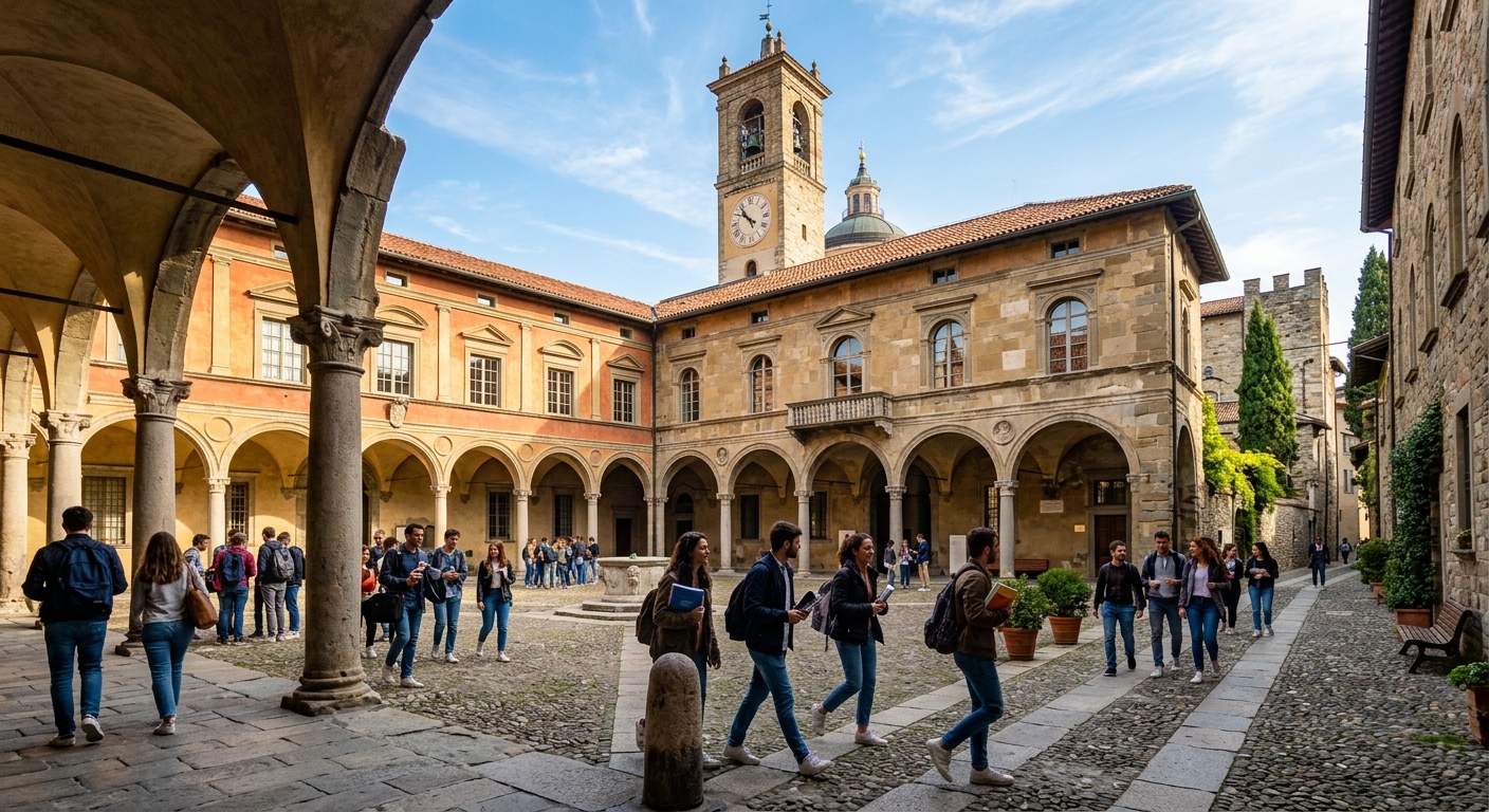 Historic Città Alta campus of the University of Bergamo with medieval stone buildings, arched walkways, and students walking through a sunlit courtyard surrounded by Renaissance architecture in northern Italy