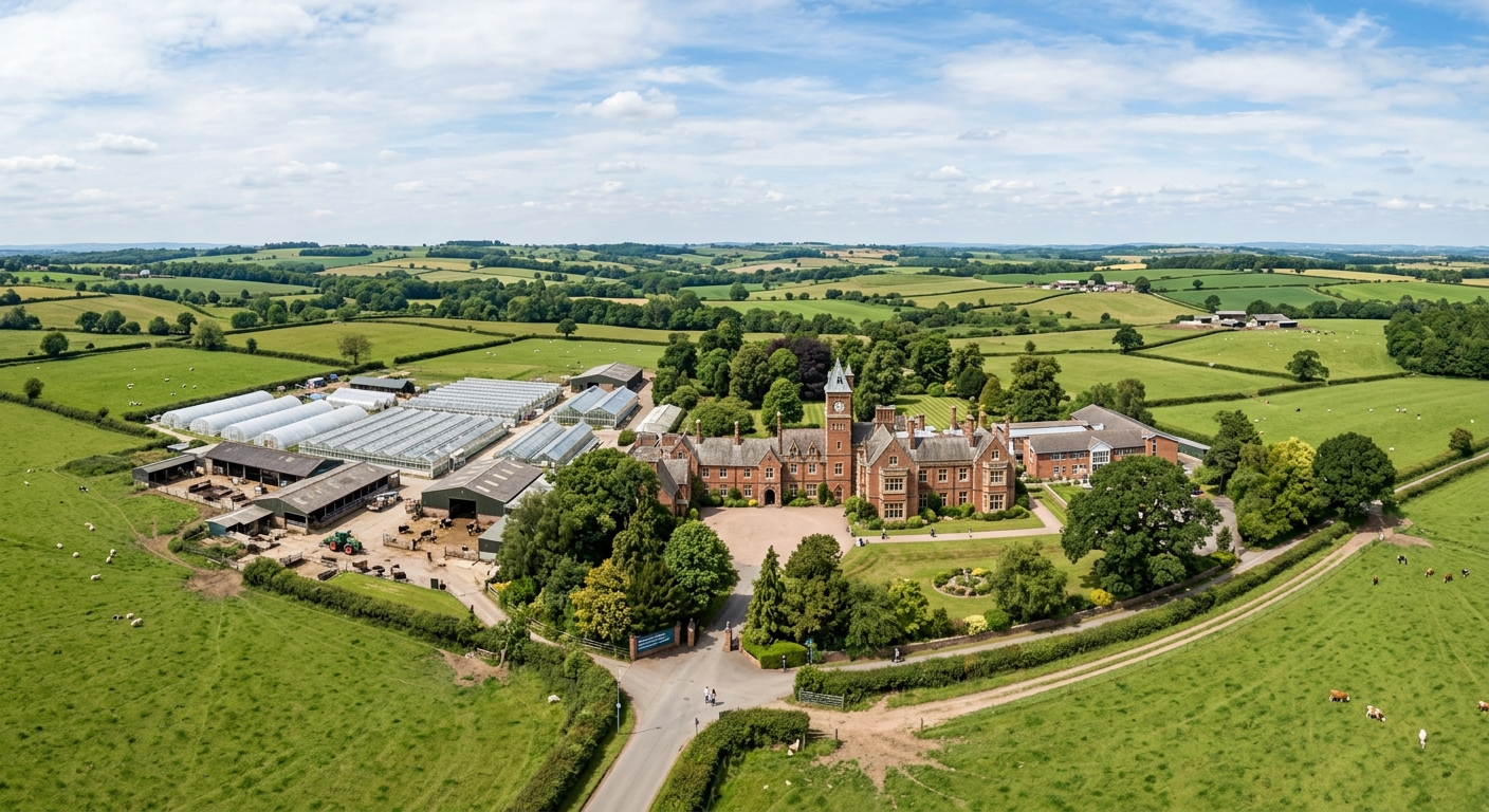 Nottingham Trent University Brackenhurst Campus set in rural Nottinghamshire countryside, historic estate buildings surrounded by farmland, greenhouses, animal units, rolling green fields under open sky