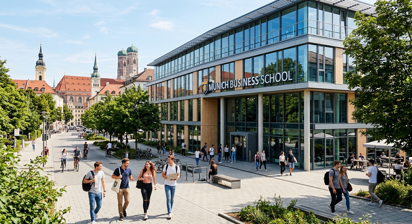 Modern Munich Business School campus building with glass facade, students walking outside on a sunny day, Bavarian architecture visible in the background, green trees lining the street
