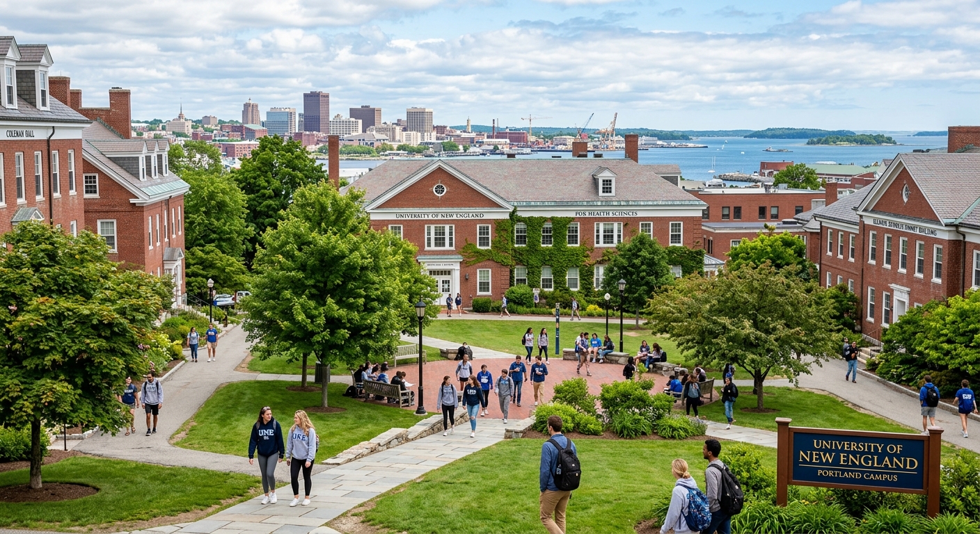 University of New England Portland Campus for Health Sciences, brick buildings surrounding a classic New England quad with lush green trees, students walking along pathways, Portland Maine cityscape in background