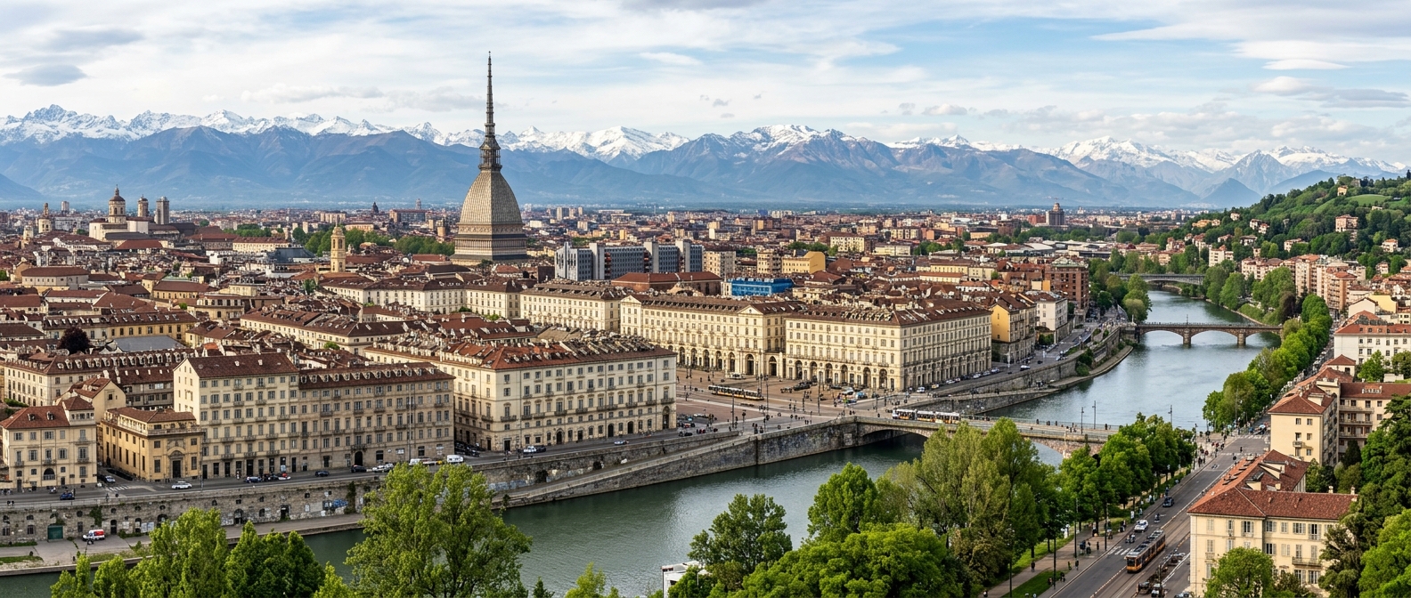 Panoramic view of Turin skyline with the Mole Antonelliana tower, snow-capped Alps in the background, River Po flowing through the city, baroque architecture and tree-lined boulevards