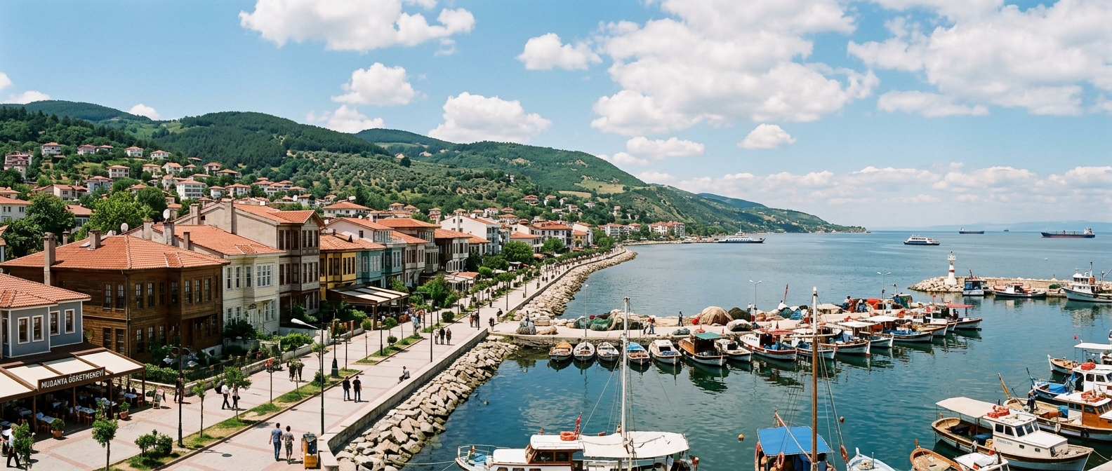 Panoramic view of Mudanya coastal town with Ottoman-era buildings along the waterfront promenade, fishing boats in the harbor, the Sea of Marmara stretching to the horizon, and green hills in the background