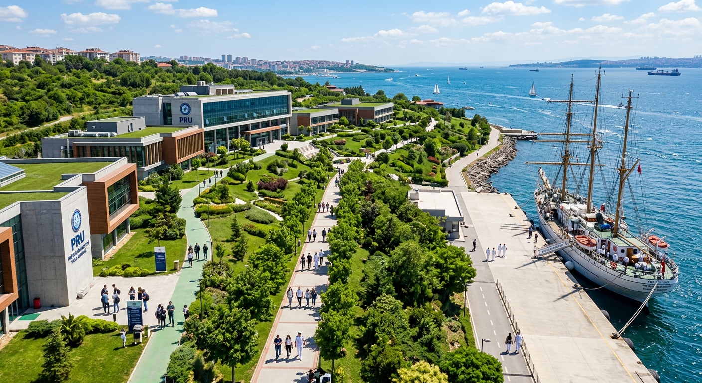 Piri Reis University green campus in Tuzla, Istanbul with Marmara Sea coastline, modern academic buildings, maritime training ship docked at pier, students walking on campus paths surrounded by greenery
