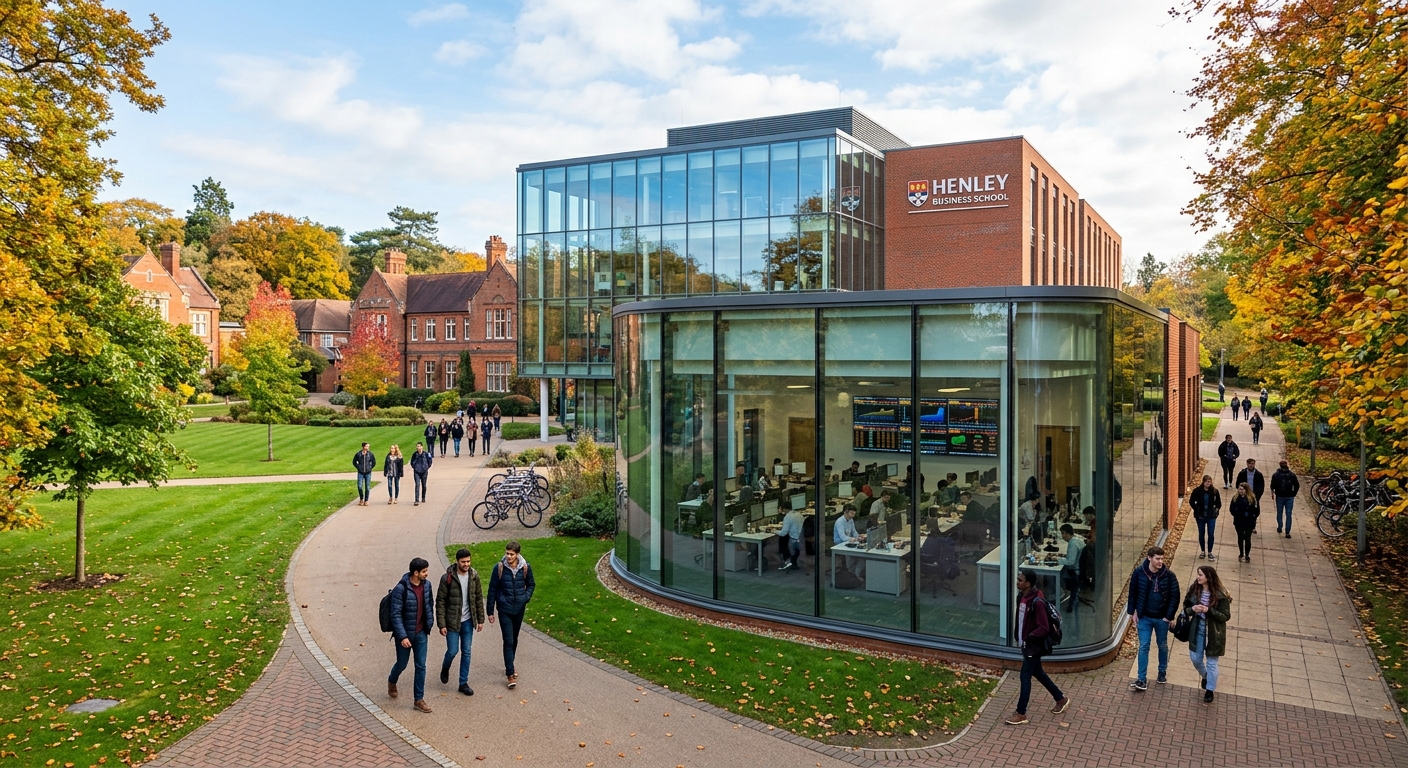 Modern university campus at the University of Reading Whiteknights parkland, students walking past red-brick buildings with green lawns, Henley Business School dealing room with Bloomberg terminals visible through glass windows, bright autumn day