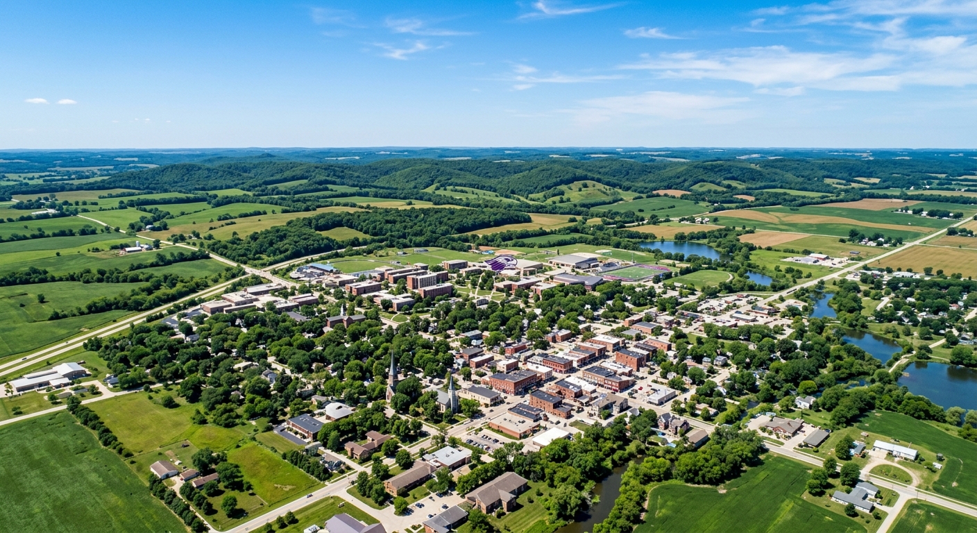 Aerial view of Whitewater Wisconsin, charming small college town surrounded by green farmland and rolling hills, Kettle Moraine landscape in background, clear blue sky