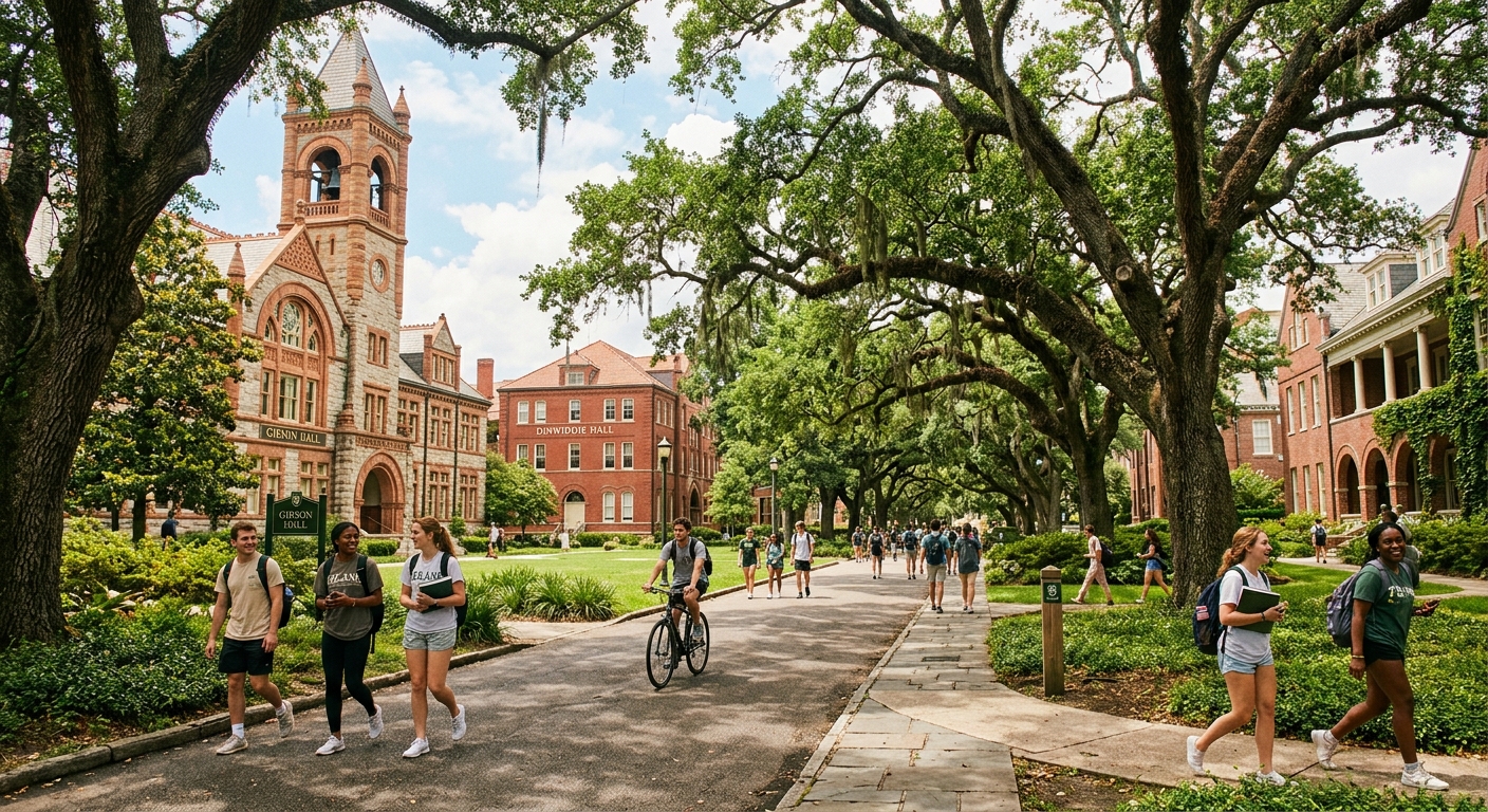 Tulane University campus in New Orleans with lush green oak trees, historic red-brick buildings, and students walking along tree-lined pathways under a warm southern sky