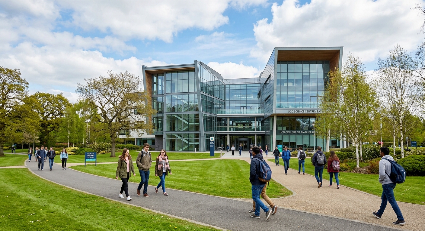 Modern engineering building at University College Dublin Belfield campus, students walking on green parkland paths, contemporary glass and steel architecture, bright Irish sky with scattered clouds