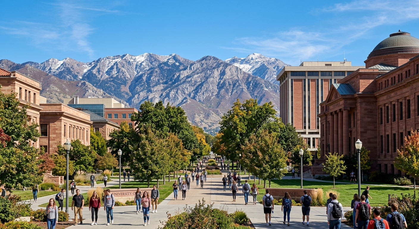 University of Utah campus with red sandstone buildings, Wasatch Mountain backdrop, students walking along tree-lined pathways, clear blue sky over Salt Lake City