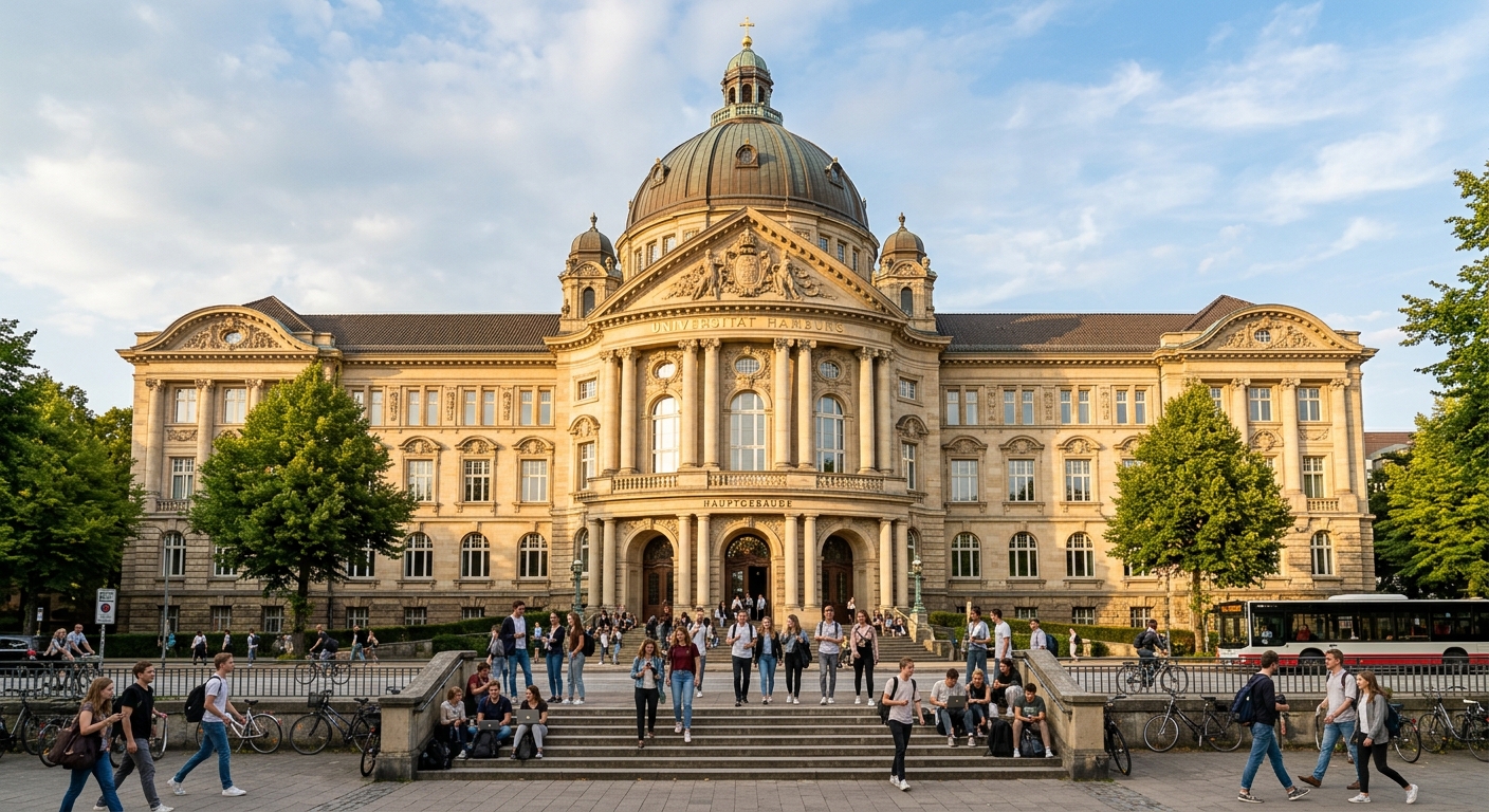 University of Hamburg Main Building (Hauptgebäude) on Edmund-Siemers-Allee, Neo-Baroque architecture with grand dome, colonnade of paired columns, students on the front steps, warm afternoon light