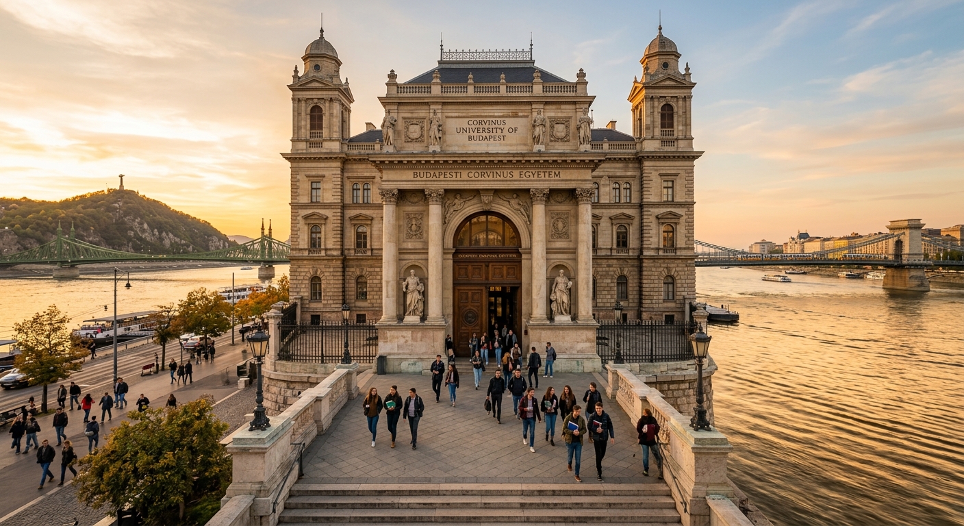 Historic neo-renaissance Corvinus University main building on the Danube riverbank in Budapest, with students walking through the grand entrance, warm golden hour lighting reflecting off the water