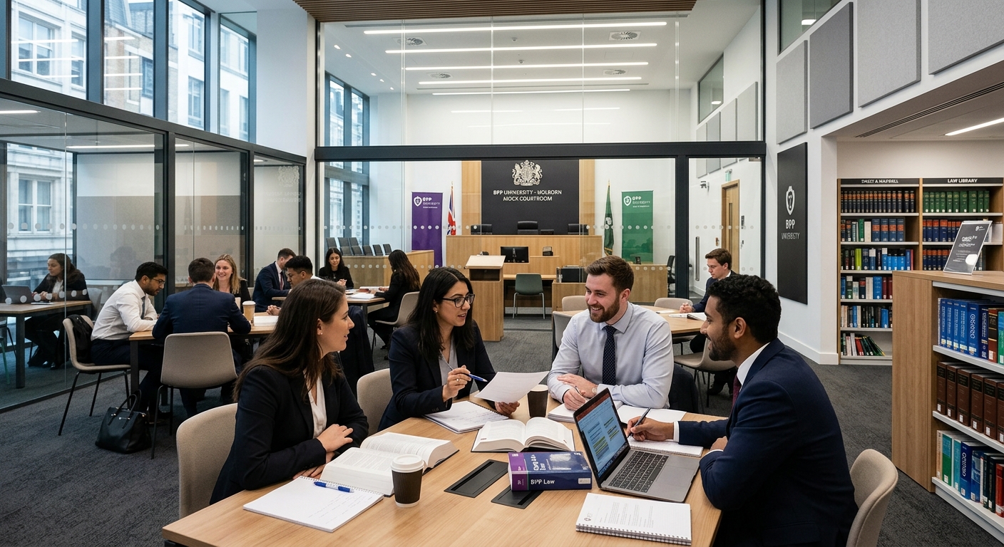 BPP University Holborn campus interior, modern law school study space with mock courtroom, professional lighting, students in discussion, legal textbooks visible