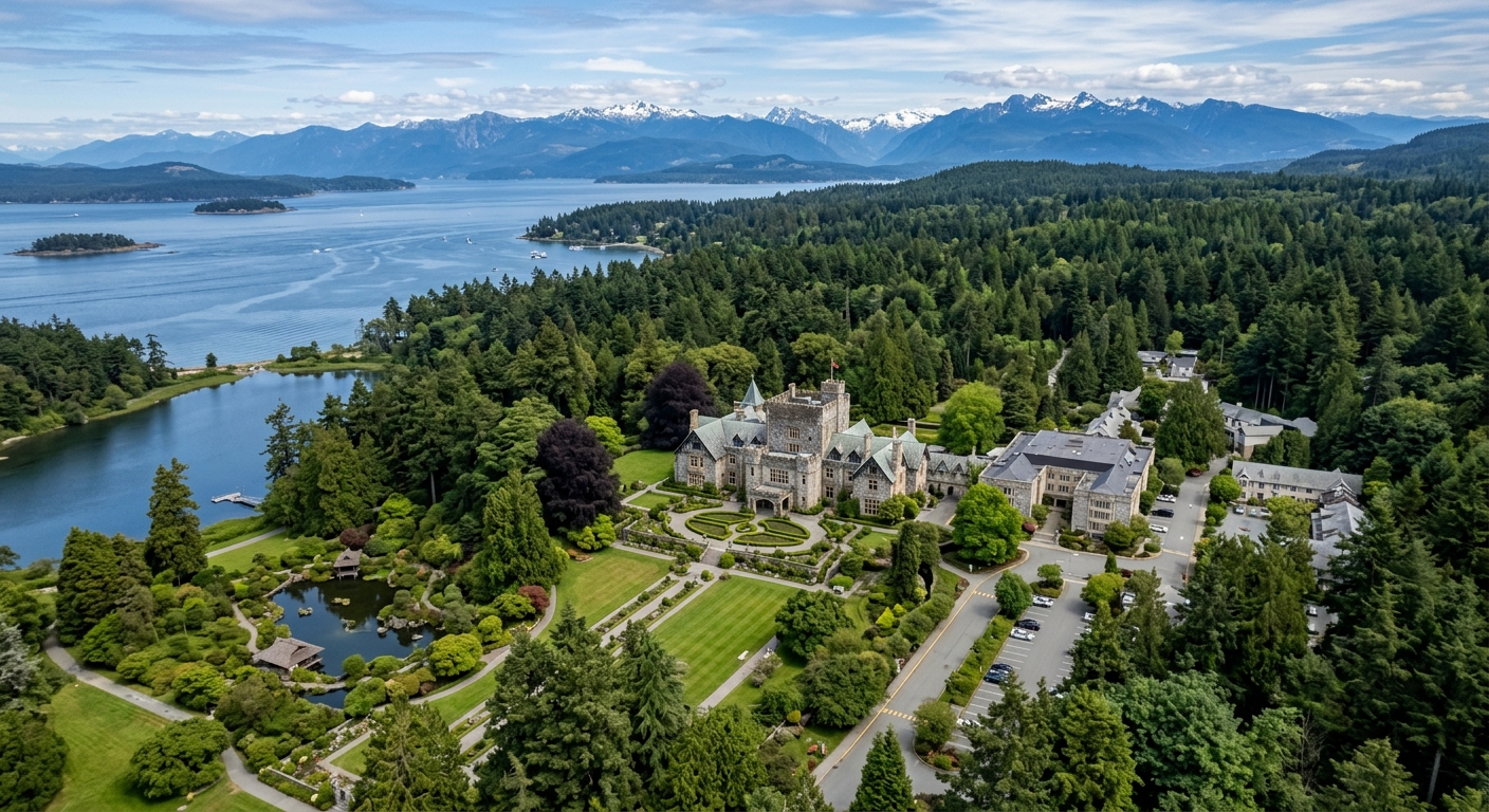 Aerial view of Royal Roads University historic Hatley Castle campus surrounded by lush Pacific Northwest forest and gardens, Colwood British Columbia Canada, with coastal mountains in the background