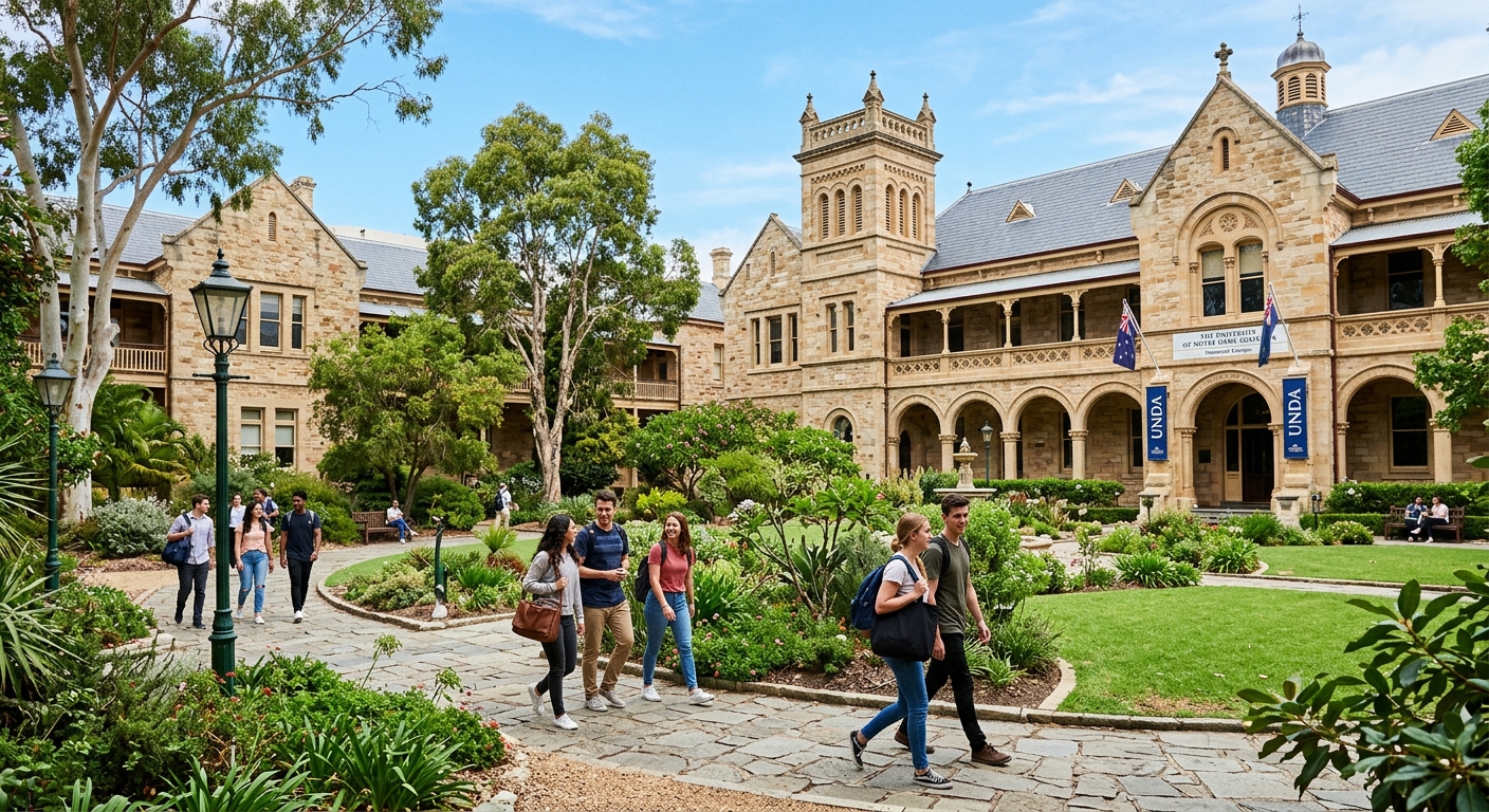 Historic sandstone university buildings at the University of Notre Dame Australia Fremantle campus, featuring restored Victorian architecture, lush courtyard gardens, students walking along heritage pathways under clear blue Australian sky