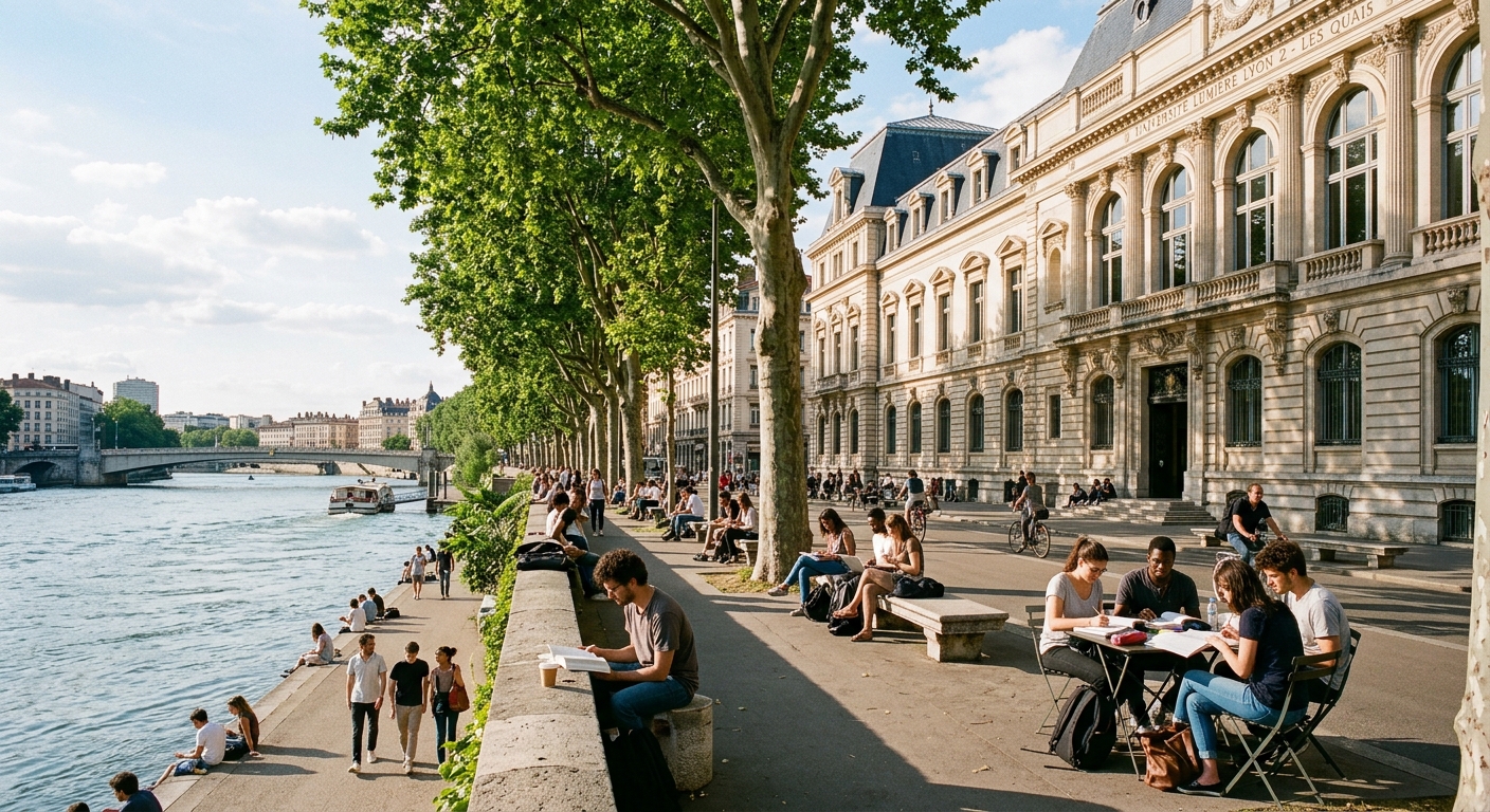 Les Quais campus building along the Rhône River, classical French architecture, tree-lined riverside promenade, students studying outdoors