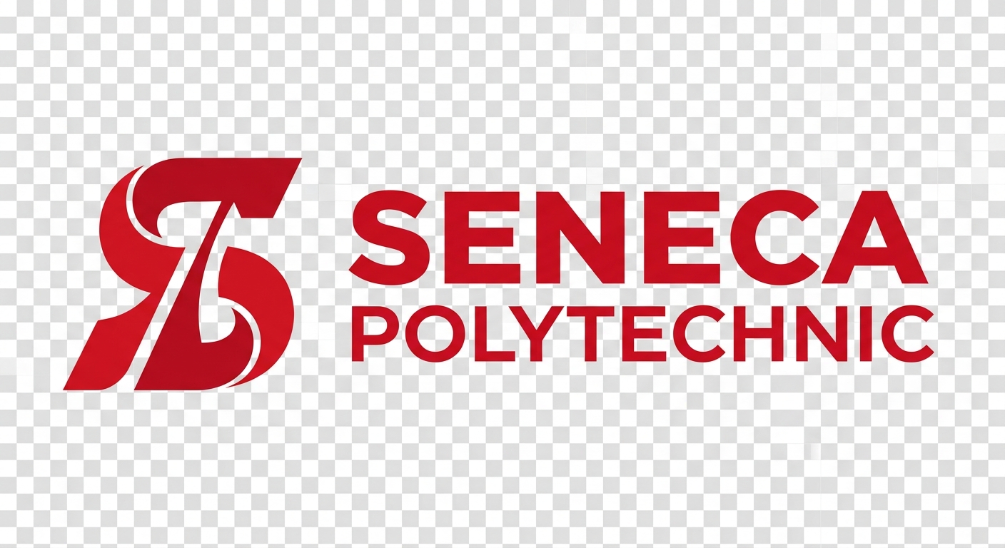 Seneca Polytechnic official logo, bold red and white text on transparent background, modern polytechnic branding