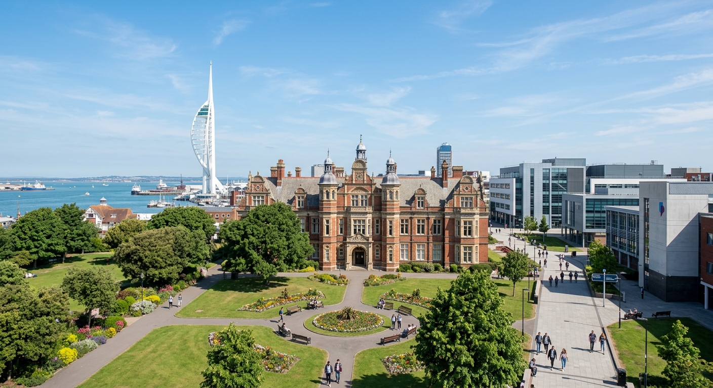 University of Portsmouth campus wide shot featuring the historic Park Building with its Flemish and Renaissance architecture, Victoria Park in the foreground, modern university buildings in the background, and the Spinnaker Tower visible on the Portsmouth waterfront under a clear blue sky