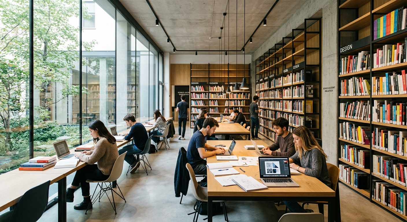 Domus Academy library interior, shelves filled with design and fashion books, students studying at modern desks, natural light from large windows, contemporary minimalist design