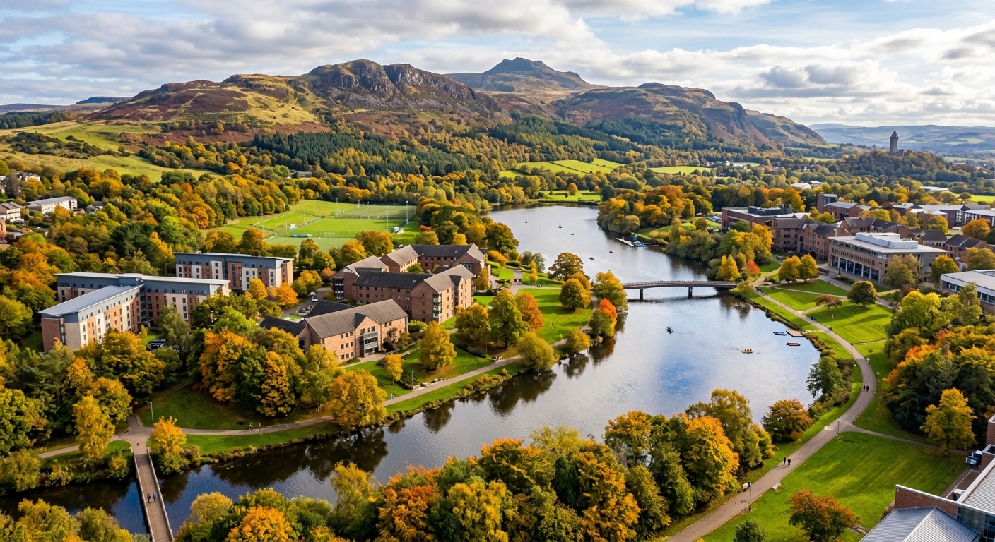 Aerial view of Airthrey Loch on the University of Stirling campus with student residences and the Ochil Hills in the background, lush green parkland, autumn colours