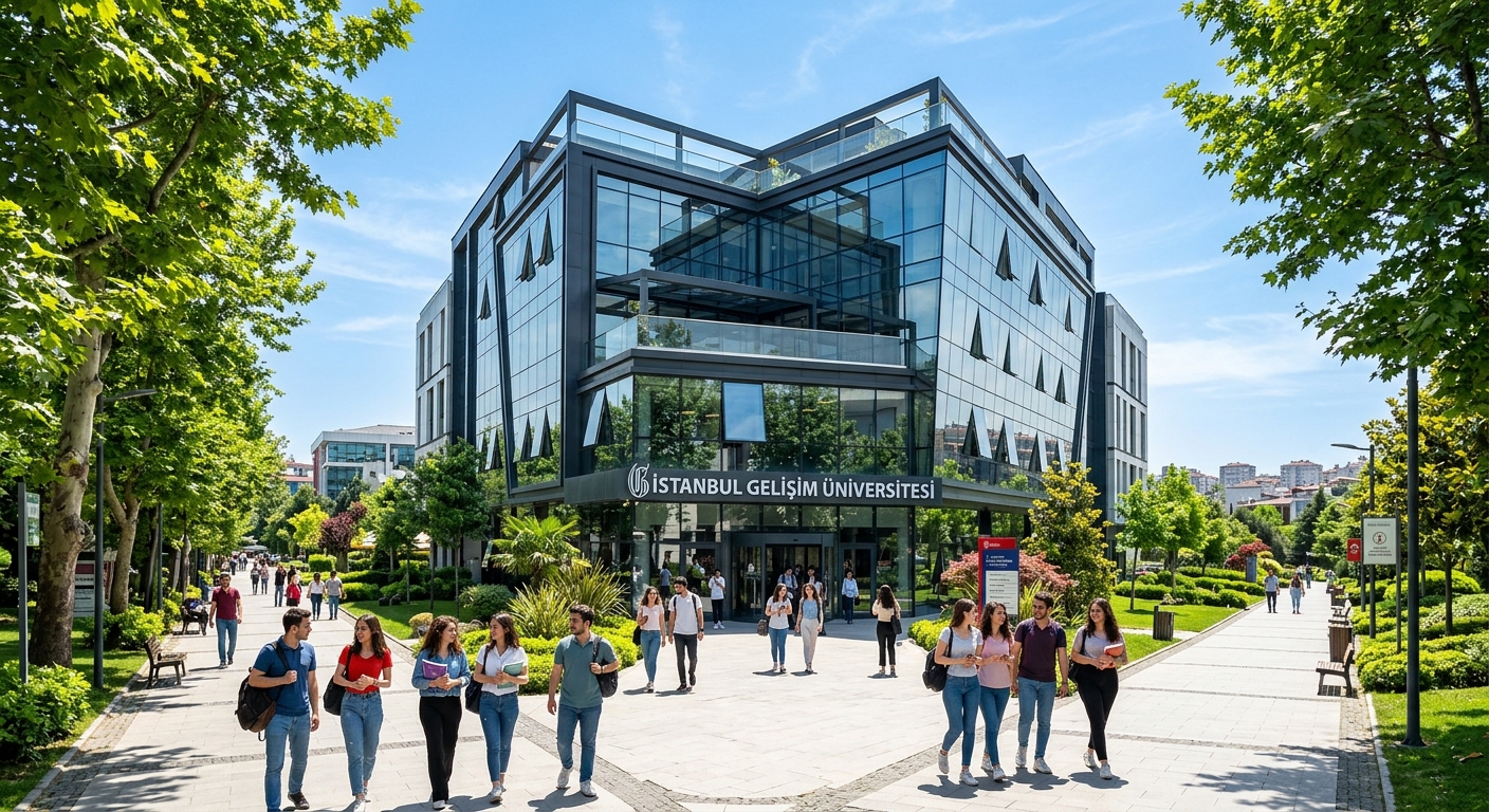 Istanbul Gelisim University main campus building, modern architecture with glass and steel facade, students walking on tree-lined pathways, sunny day