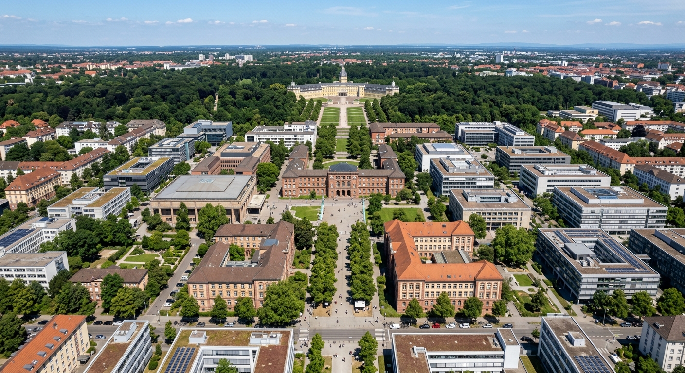 Aerial view of Karlsruhe Institute of Technology Campus South with classical and modern university buildings, tree-lined pathways, Karlsruhe Palace Park visible in the background, sunny day in Baden-Württemberg Germany