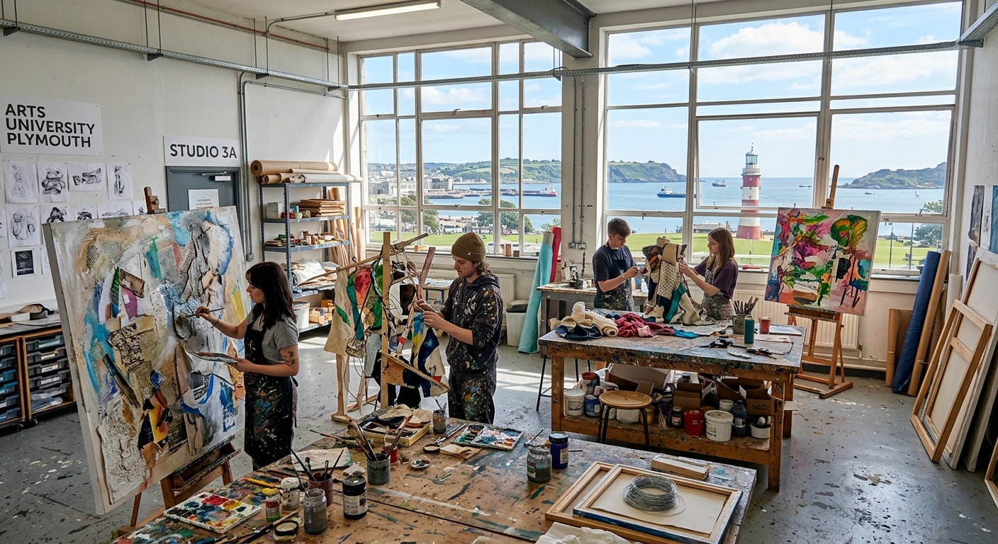 Bright contemporary art studio at Arts University Plymouth with large canvases, students working on mixed-media installations, natural light streaming through industrial windows, paint-splattered workbenches, and views of Plymouth's coastal cityscape