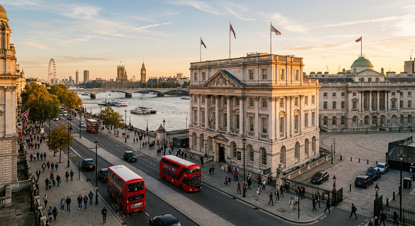 King's College London Strand Campus wide shot, neoclassical King's Building alongside Somerset House, River Thames in background, golden hour light, students walking along the Strand, London cityscape with Big Ben visible in distance