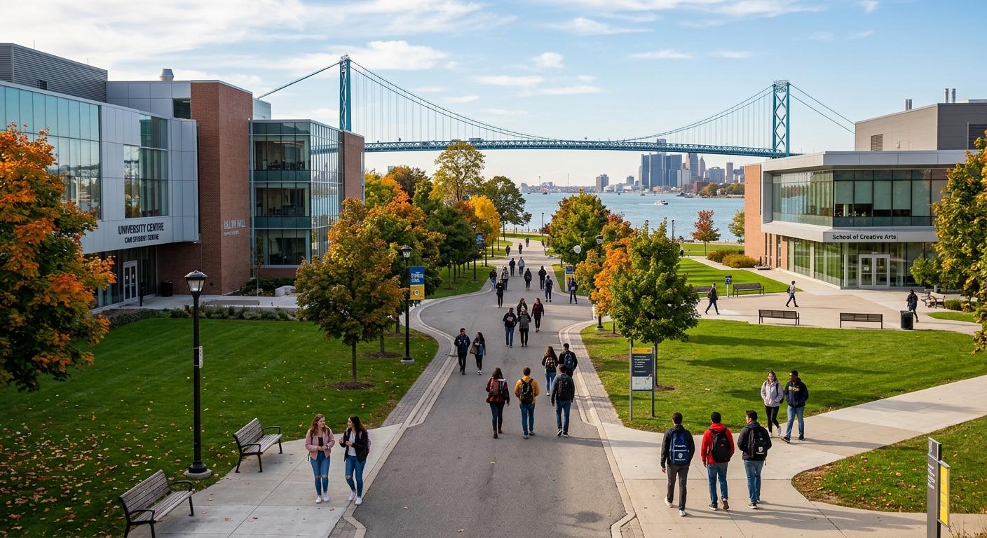 University of Windsor campus with modern academic buildings, green lawns, and students walking along tree-lined pathways in Windsor, Ontario, Canada, with the Ambassador Bridge visible in the background