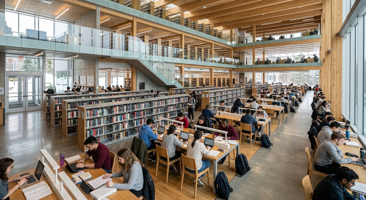 J.N. Desmarais Library interior at Laurentian University with modern study spaces, bookshelves, and students working at desks