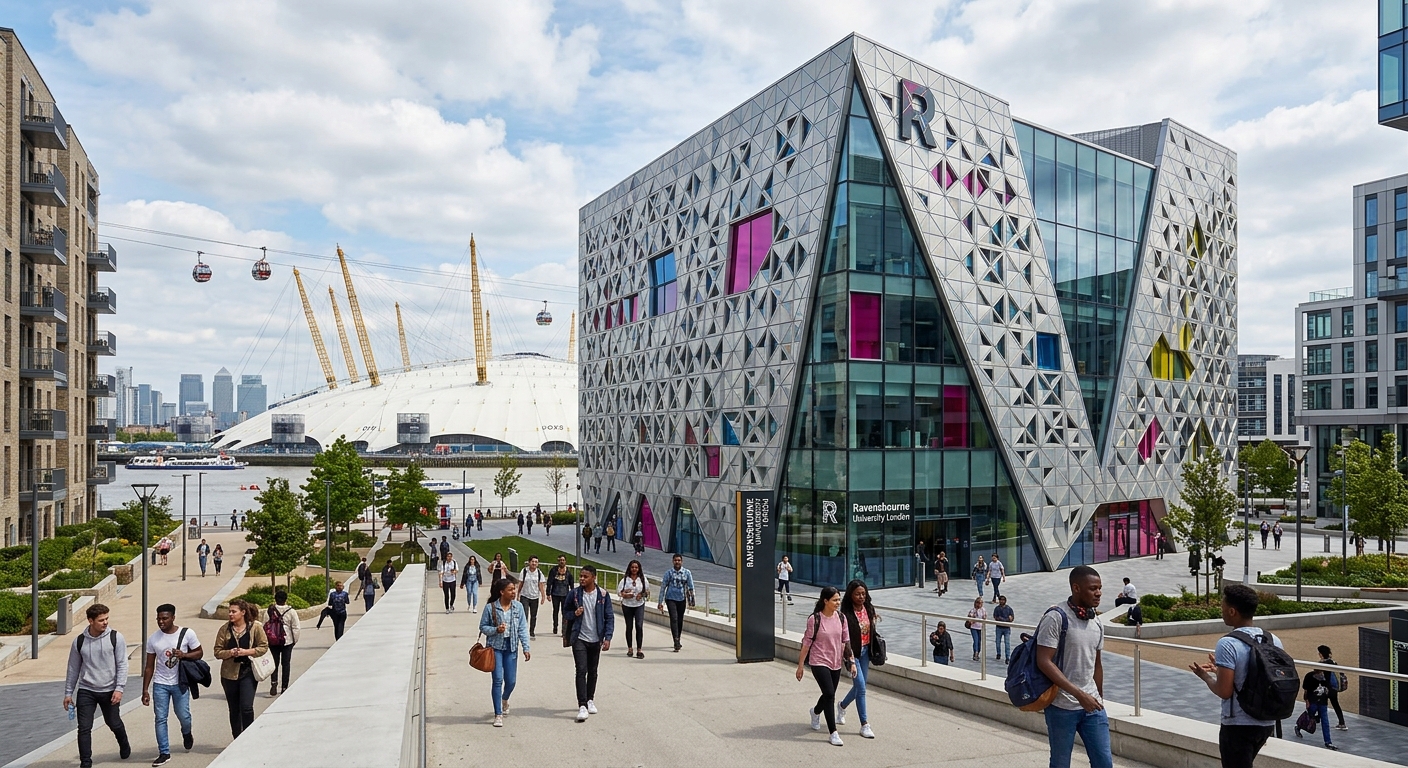 Modern Ravensbourne University London campus building with distinctive geometric facade on Greenwich Peninsula, students walking near the O2 Arena, contemporary architecture with glass panels and creative design district surroundings